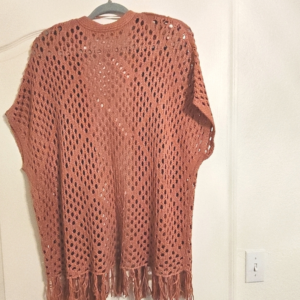 Pink Open Front Cardigan with Loose Knit and Fringe Nwot - Picture 2 of 5